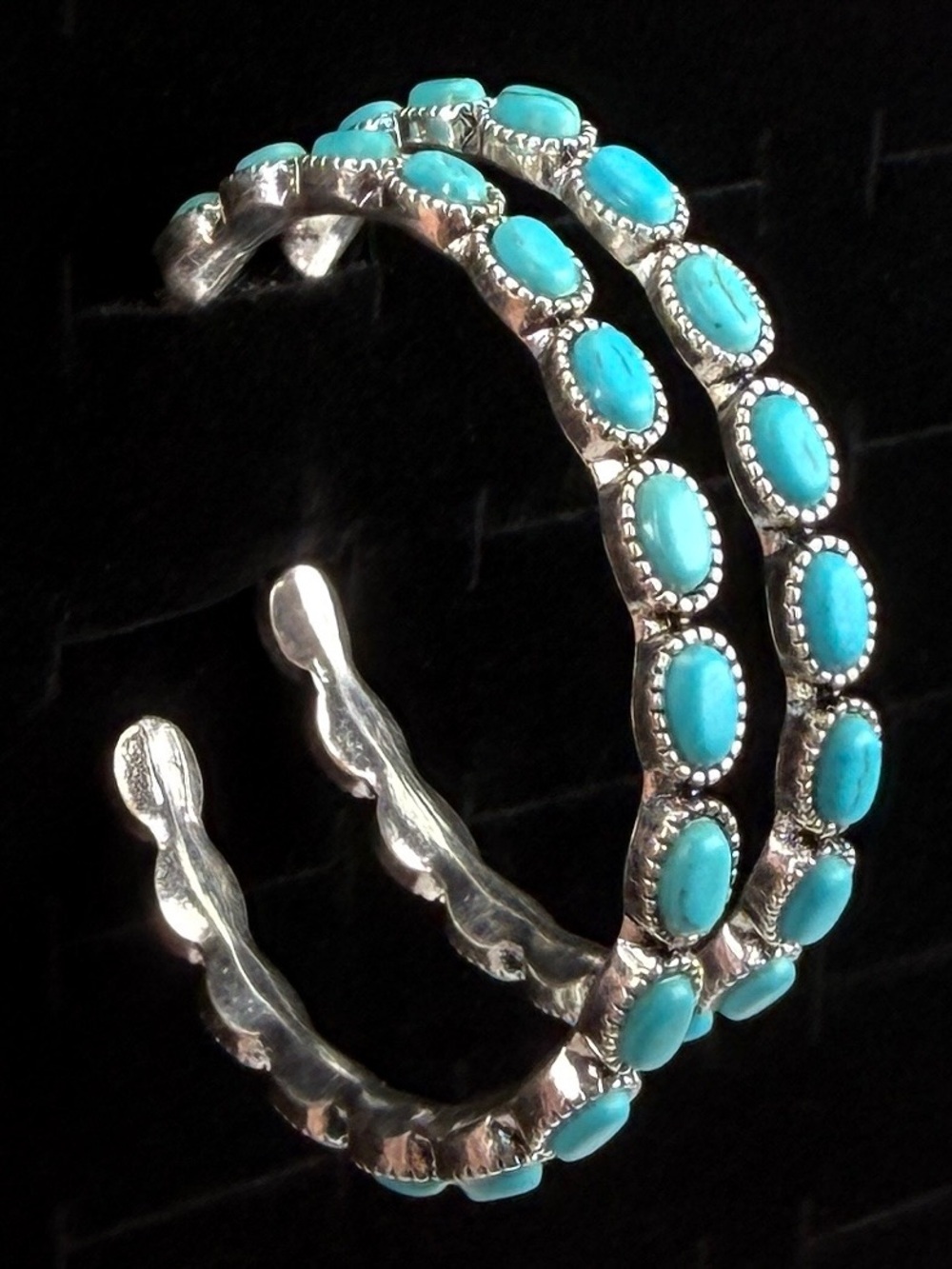 Silvertone Faux Turquoise Blue Weighted Pierced 1/2 Hoop Earrings